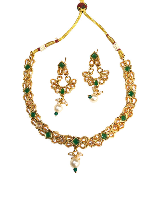 Green - Small Size Antique Gold Finish Necklace Set with Earrings - TOH2401 R 0424