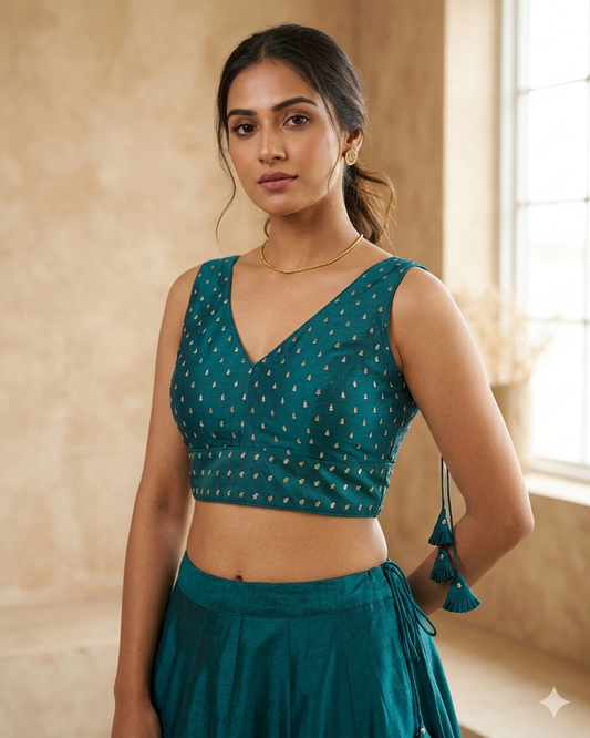40" / UK 14 - Turquoise Blue - Silky Designer Saree blouse with cups, Sleeveless - UK Stock - Quick Delivery - RNK - R717 KV