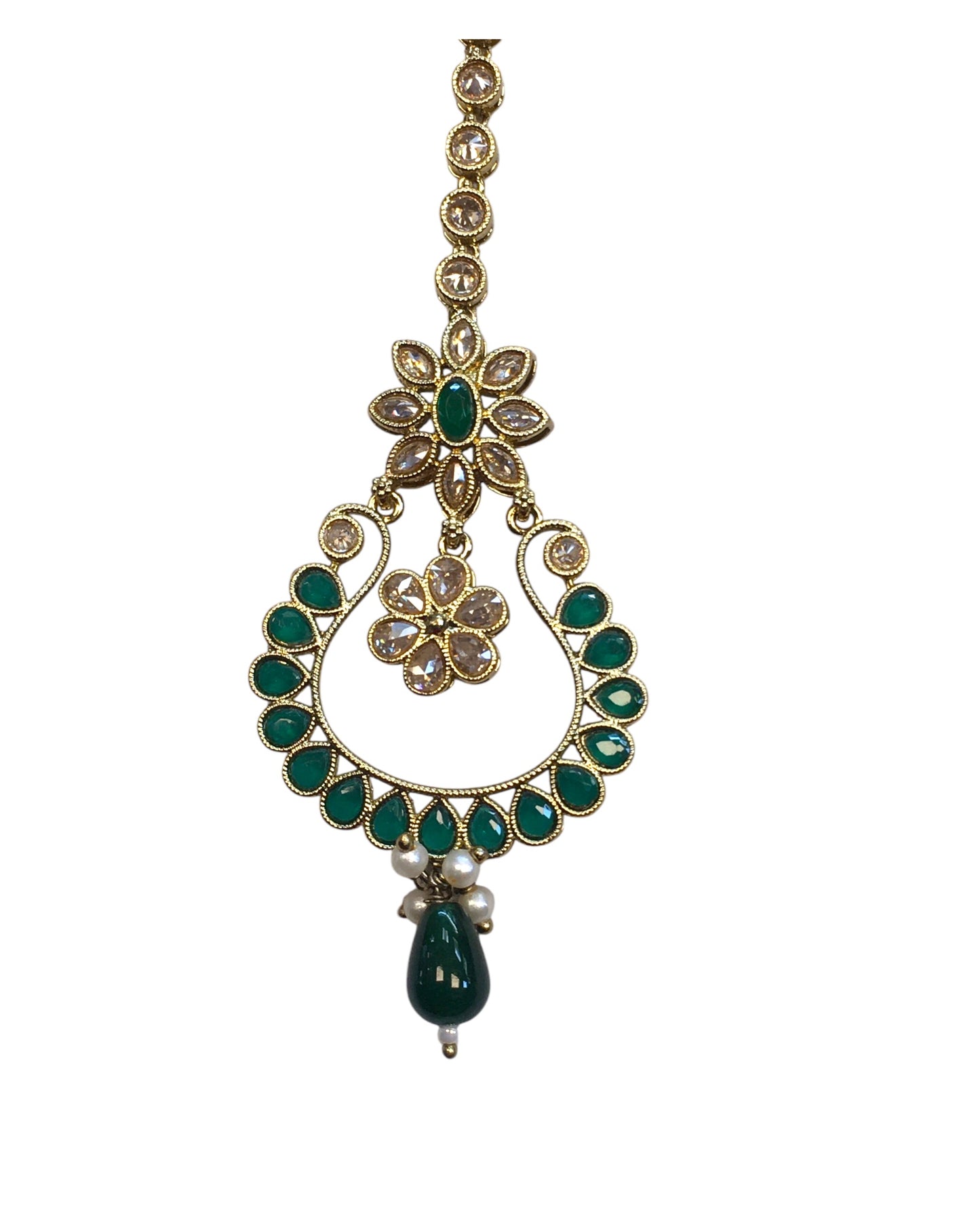 Green - Antique Gold Finish Large Size Tika Head Piece - Indian Ladies Fashion Jewellery - AE2440 11T24