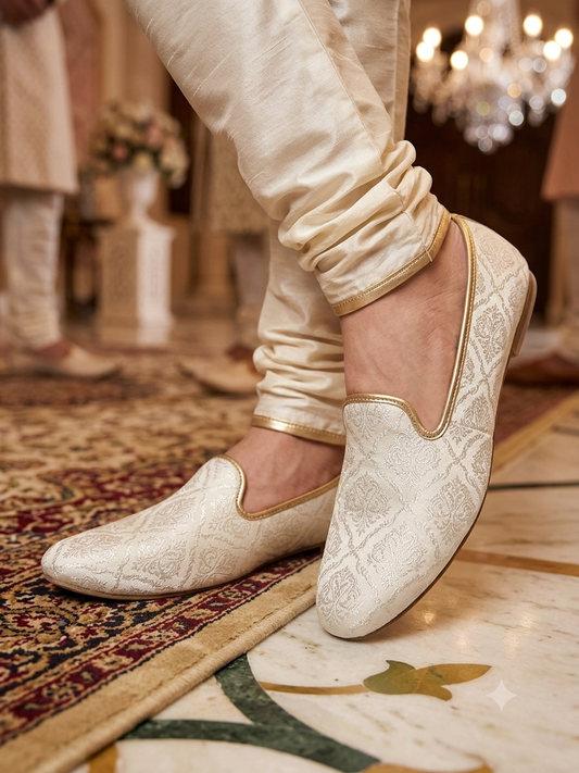 Very Comfortable Cream Brocade Loafer Style Mojri - Indian Mens shoes - Mojari , Khossay - YD2602