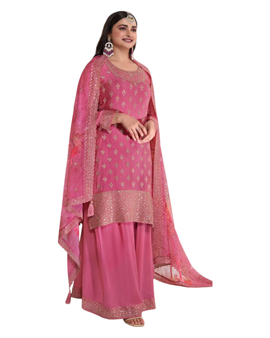 Pink - Simple / Classy Ladies Indian Palazzo Trousers Suit with Printed Dupatta - Size 14 (40") - VF67833 TK1024
