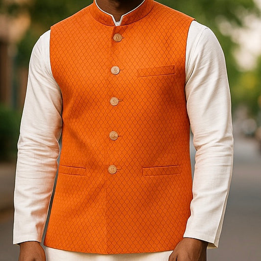 Orange / Rust - Banarasi Handloom Brocade Mens Waistcoat - KCS2505 05KJ25