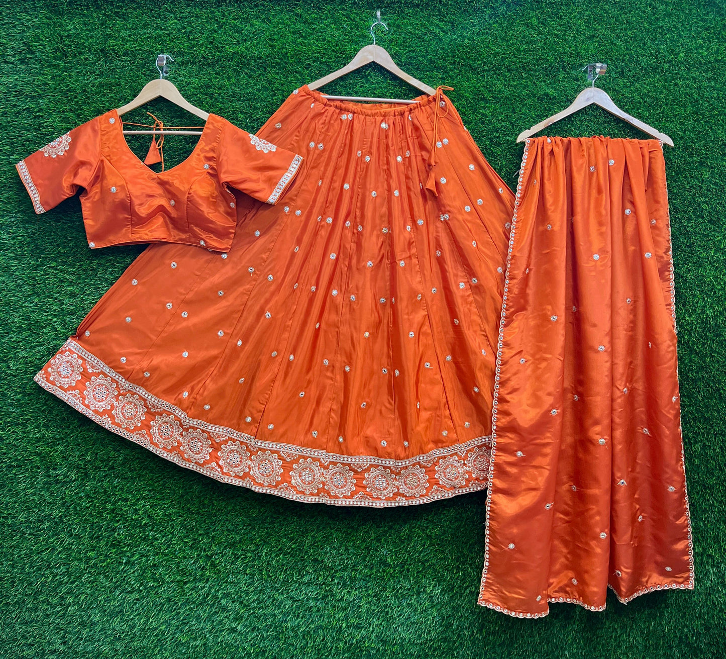 Orange - Silky Lehenga Set - Mehndi / Sangeet / Bridesmaid / Weddings / Garba - Size UK 12 (38" Bust) Adjustable to Size 14 - UK Stock - 24h Dispatch - AF2602 02TY26