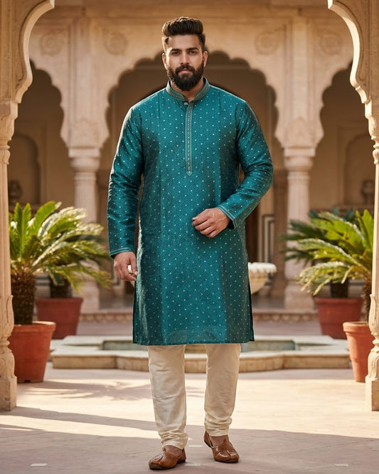 Turquoise Blue - Banarasi Handloom Brocade Mens Indian Kurta set with Trousers - UK Stock - Weddings / Walimas , Sangeet, Diwali, Eid, Mehndi / Henna - VEE3134 VK