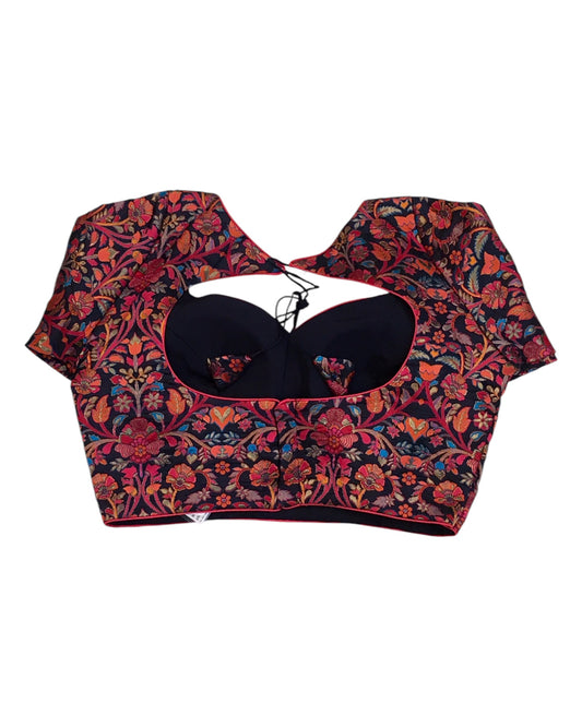 Navy Blue - Red / Orange Banarasi Brocade Saree / Lehenga blouse - 40" Bust (UK 14) Can be let out to size 16 - X1191 01KV25