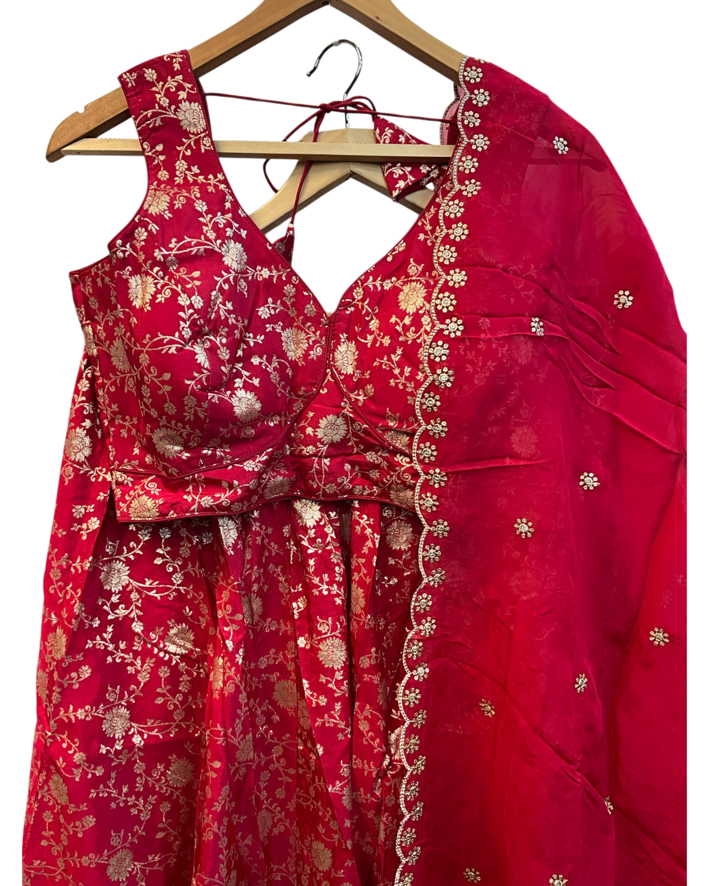Red - Banarasi Brocade Silky Lehenga Set - Mehndi / Sangeet / Bridesmaids / Weddings / Garba - Size UK 12 (38" Bust) Adjustable to Size 14 - UK Stock - 24h Dispatch - AF2601 02VP26