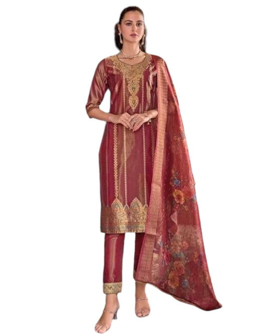 UK 10 / 36" - Maroon - Banarasi Handloom Ladies Indian Salwar Suit with Printed Dupatta - Available in Size 10 (36") LL-FAR22401 TY 1024