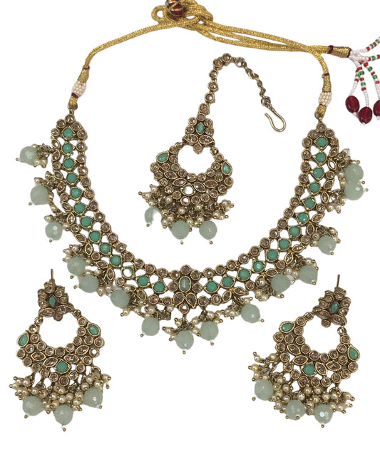 Mint Green - Medium Size Antique Gold Finish Necklace Set with Earrings - NIR786 KV 0424