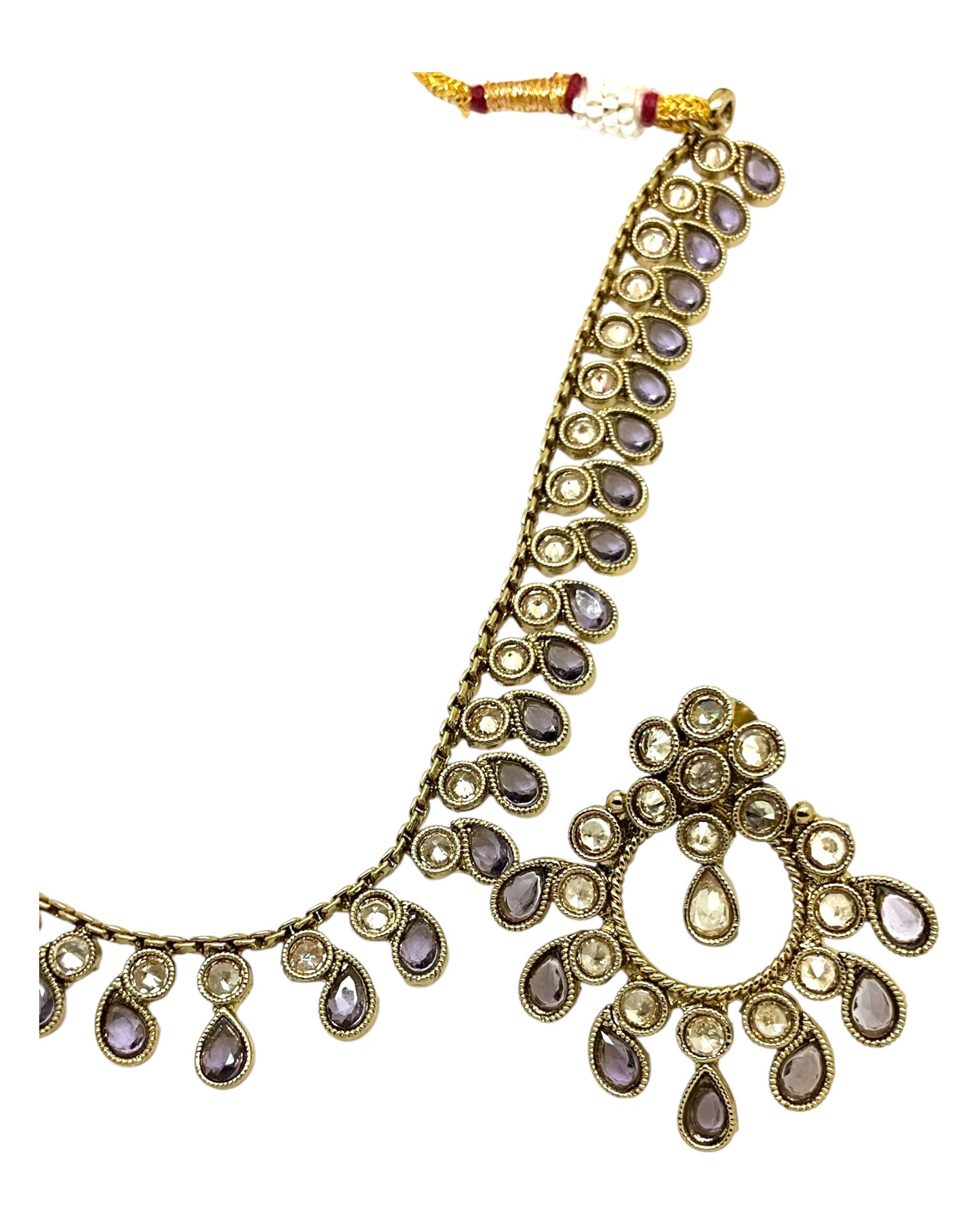 Lilac - Small Size Antique Gold Finish Necklace Set with Earrings - Bollywood - AE2519 08C25