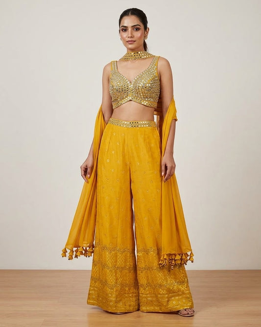Haldi Yellow - Designer Ladies Short Top Palazzo Trousers Suit - Size 12 (38") - VMK Hazel PR