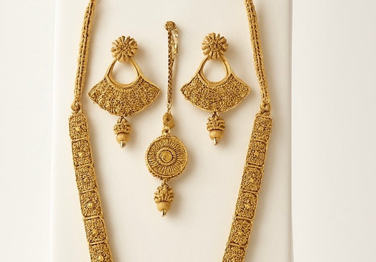 Gold Finish Temple - Medium Size Antique Gold Finish Long Necklace Set with Earrings - AE2510 KY 0525