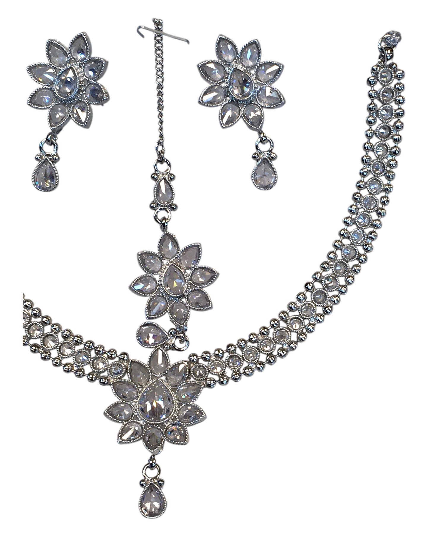 Clear - Medium Size Silver Finish Necklace Set with Earrings & Head Piece /Tika- SLV80 11H24