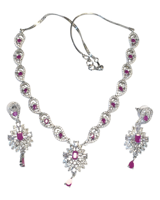 Magenta / Fuchsia - American Diamond Style Silver Finish Small Size Necklace Set with Earrings - AE2421 11R24