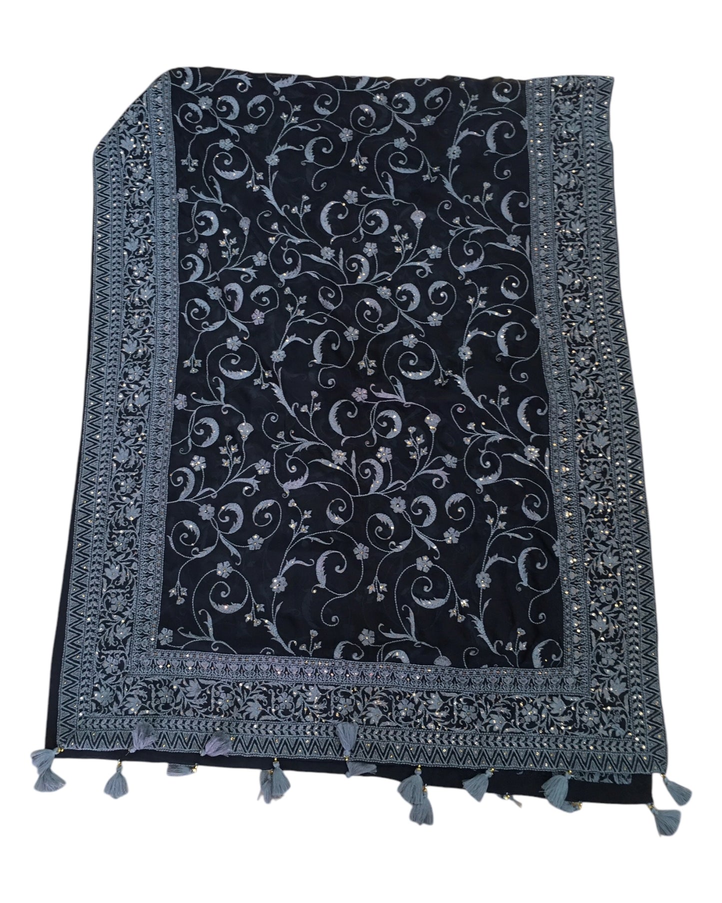 Cotton / Silky Dark Navy Anarakali Long Dress with Grey Embroidery - Size 12 (Bust 38") - Dulhan HY 0724
