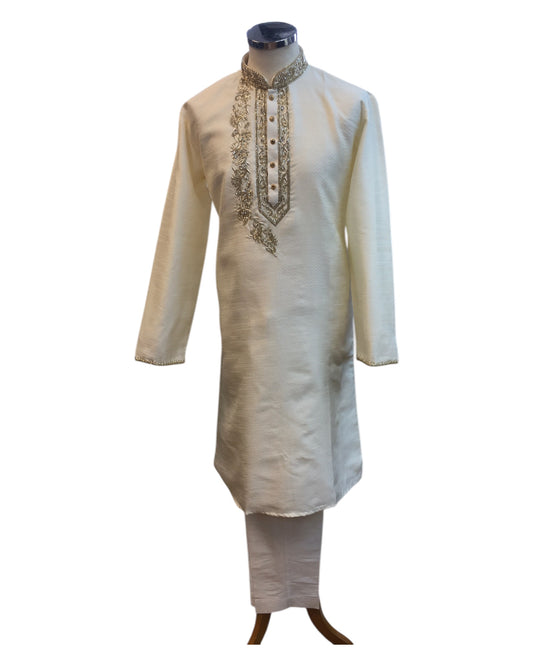 Cream / Light Gold - Rich Silky Mens Indian Kurta set with Hand Embroidery - Weddings / Walimas , Sangeet, Mehndi / Henna , Eid / Diwali - BS2507 01JV25