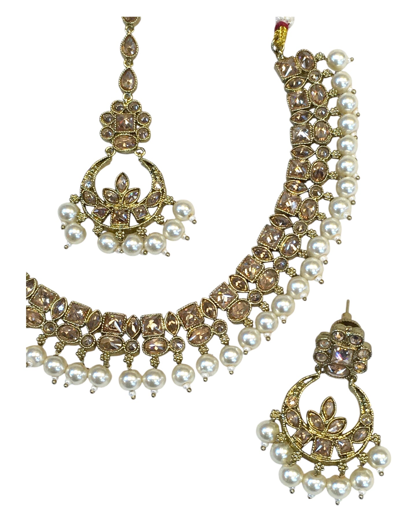 Gold / Neutral - Antique Gold Finish Necklace & Earrings Set - Bollywood - Weddings - KAJ1039 11KK24