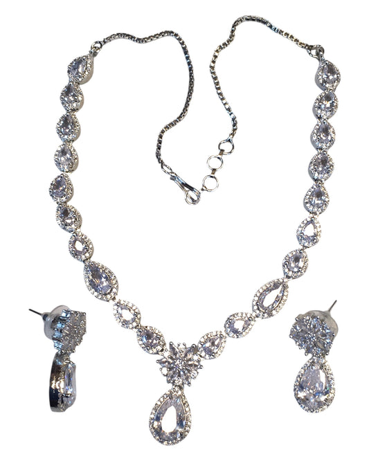 Clear - American Diamond Style Silver Finish Small Size Necklace Set with Earrings - AE2422 11H24
