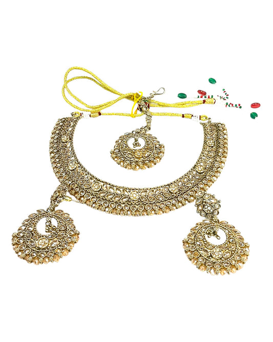 Crystal / Neutral - Medium Size Antique Gold Finish Necklace Set with Earrings - SJ07 08KY25