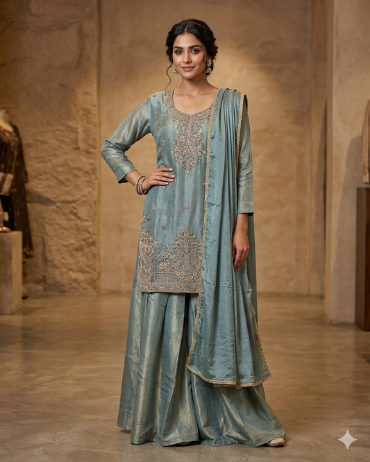 UK 18 / 44" - Sky Blue - Ladies Sharara / Palazzo Trousers Suit - UK Stock - Sangeet / Henna / Weddings - HEL23927 TP