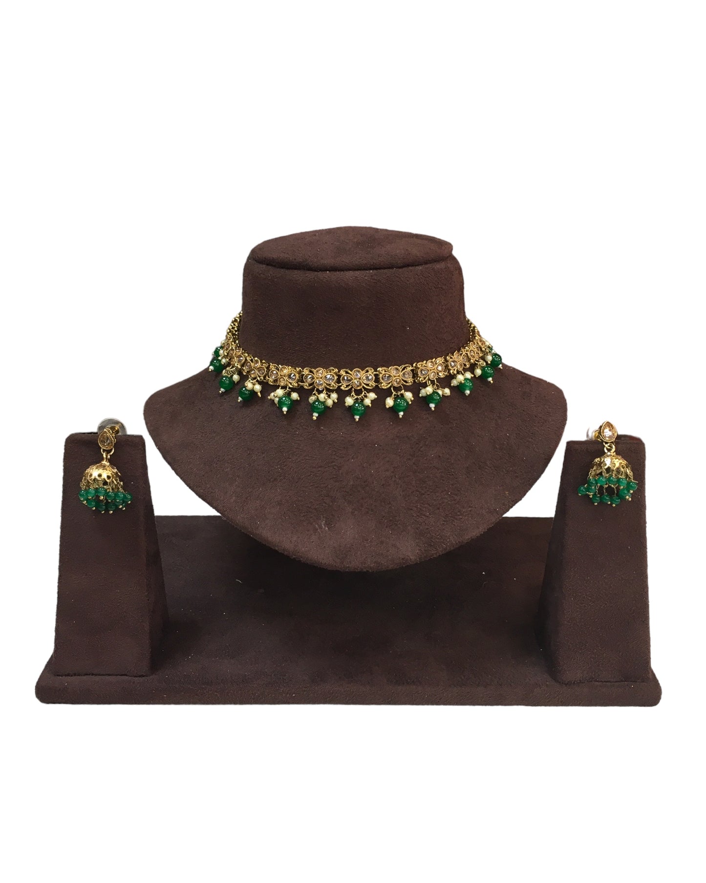 Green - Small Size Antique Gold Finish Necklace Set with Earrings - VJY402 A 0424