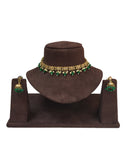 Green - Small Size Antique Gold Finish Necklace Set with Earrings - VJY402 A 0424