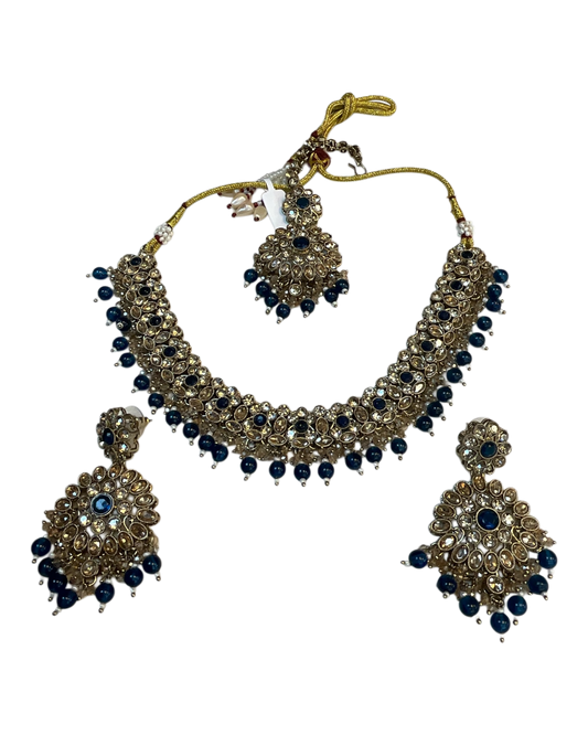 Blue - Large Size Antique Gold Finish Necklace Set with Earrings & Head Piece - JIG111 04Cp26