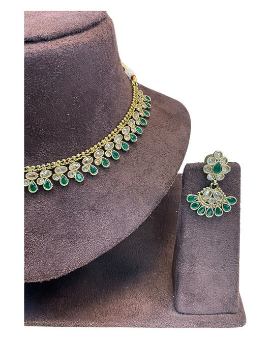 Green - Small Size Antique Gold Finish Necklace Set - AE2502 A 0525