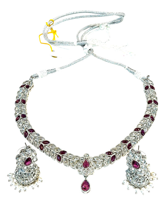 Magenta Pink - Small Size Silver Finish Necklace Set with Earrings - SJ05 08C25