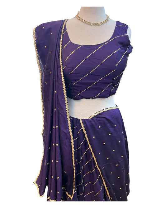 Dark Purple - Dupion Silk Lehenga Set - Garba / Dandia , Mehndi / Sangeet / Weddings - Size UK 12 (38" Bust) Adjustable to Size 14 - UK Stock - 24h Dispatch - AF2506 09TY25