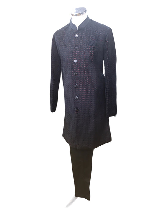 Black with Maroon Sequins Fully Embroidered  Soft Sherwani Set - UK Stock - 24h Dispatch - Spark17 JY 0324