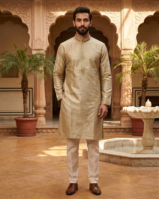 Cream / Light Gold - Banarasi Handloom Brocade Mens Indian Kurta set with Trousers - UK Stock - Weddings / Walimas , Sangeet, Diwali, Eid, Mehndi / Henna - VEE3033 VK
