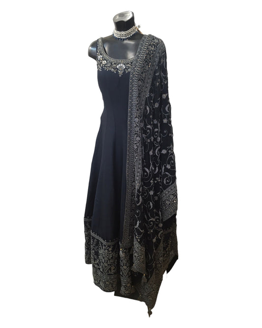 Cotton / Silky Dark Navy Anarakali Long Dress with Grey Embroidery - Size 12 (Bust 38") - Dulhan HY 0724