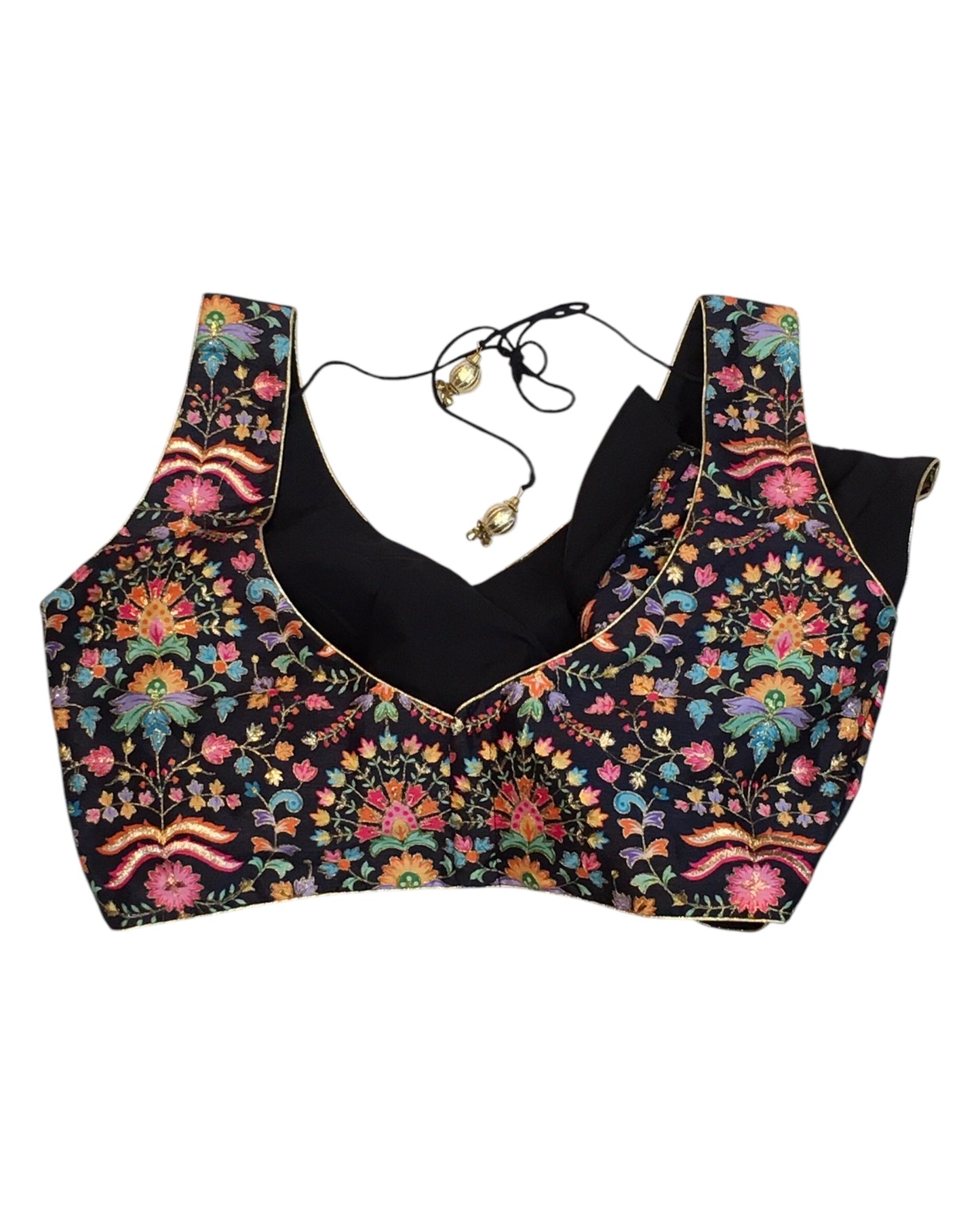 38" Bust (UK 12) Black - Silky Block Print Saree / Lehenga blouse - Can be let out to size 16 - X1199 01KV25