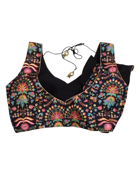 38" Bust (UK 12) Black - Silky Block Print Saree / Lehenga blouse - Can be let out to size 16 - X1199 01KV25