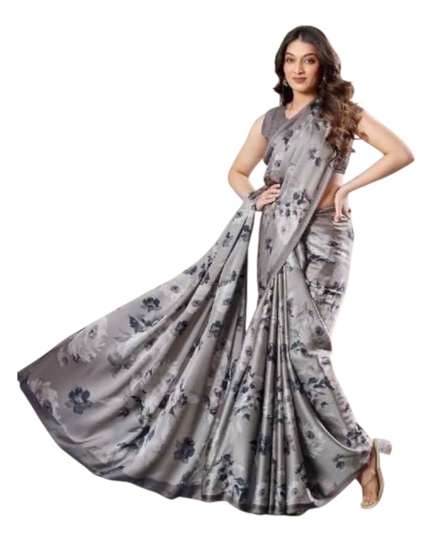 Grey - Floral Printed - Satin Finish Saree with Blouse Piece - SUSFEL19001A 10KJ25