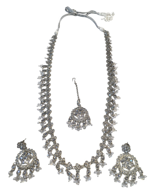Clear - Large Size Silver Finish Long Necklace Set with Earrings - RZ13 11KT24