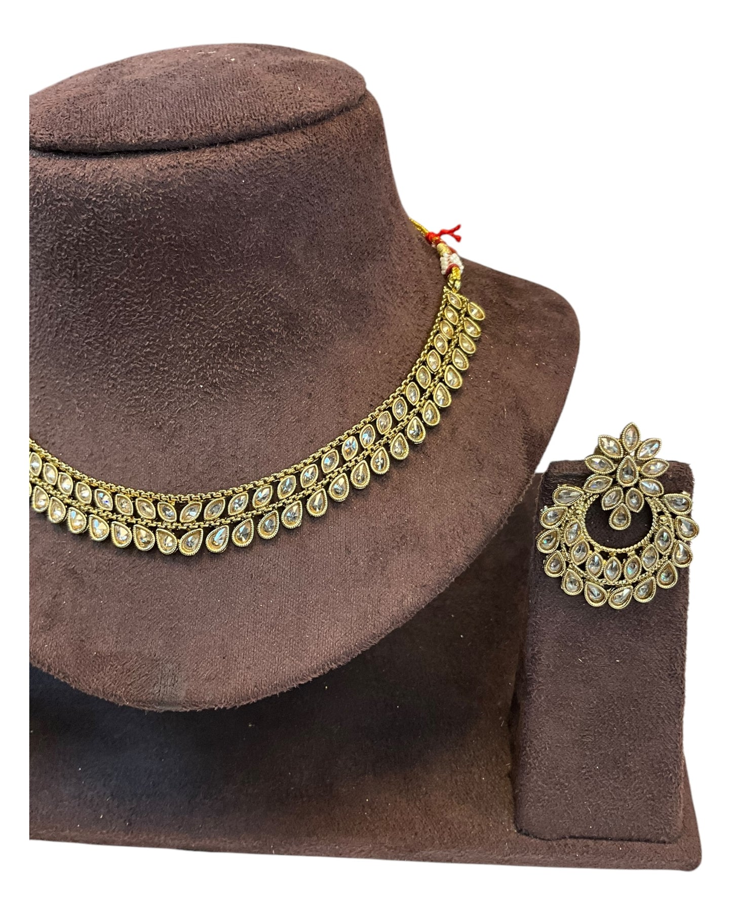 Gold / Neutral / Pearl - Small Size Antique Gold Finish Necklace Set - AE2505 Ap 0525