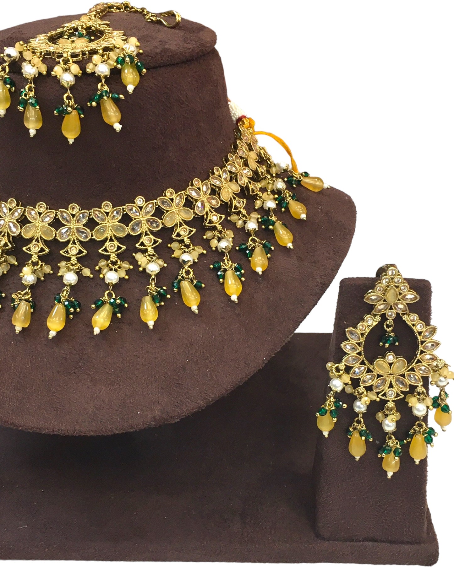 Yellow - Large Size Antique Gold Finish Necklace Set with Earrings - HB999 KT 0424