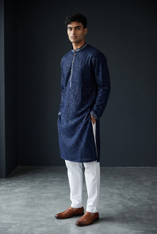 Navy Blue - Rich Lucknowi Sequins Mens Indian Kurta set with Trousers - UK Stock - Weddings / Walimas , Sangeet, Diwali, Eid, Mehndi / Henna - EM10075 05TT26
