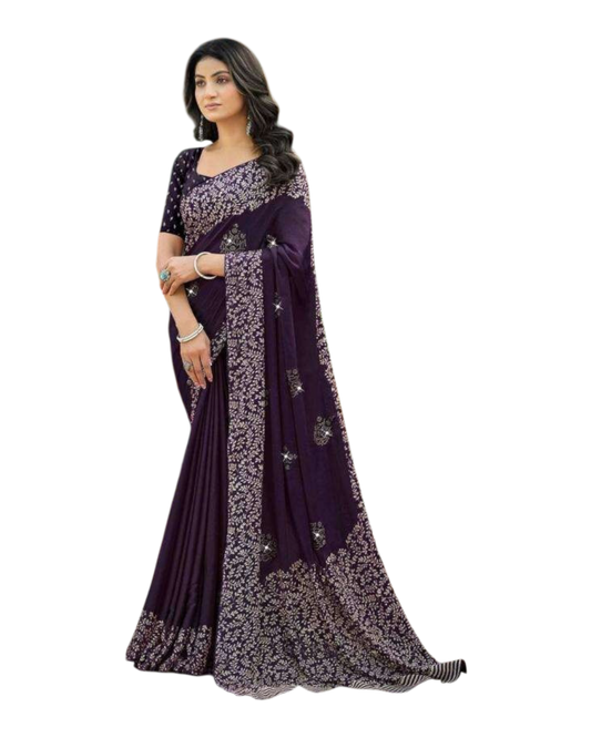 Dark Wine - Chiffon Printed Saree with Blouse Piece - UK stock - 24hr Dispatch - LTF105 07KT26