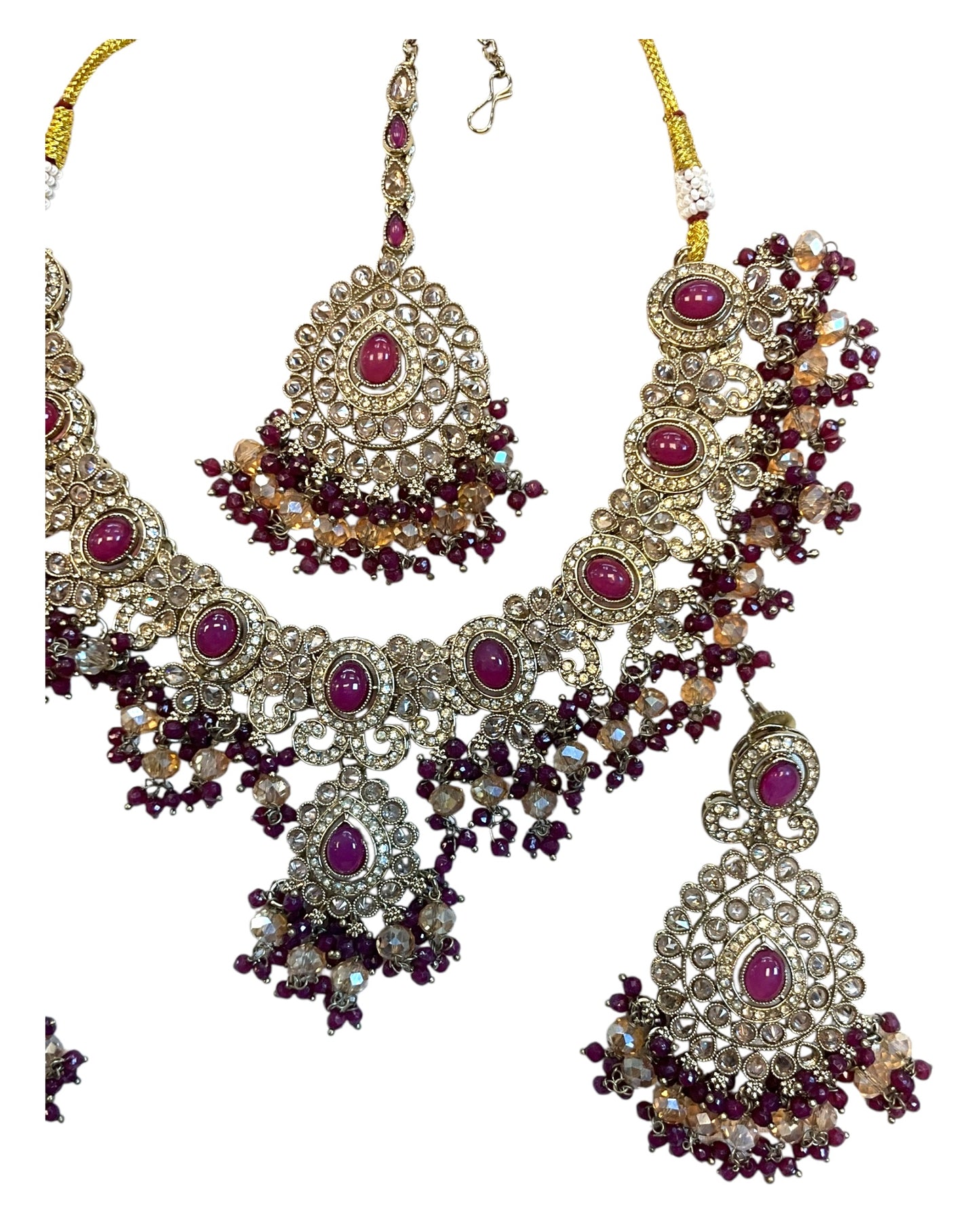 Purple / Wine - Large - Antique Gold Finish Necklace Set with Earrings & Head Piece - AE2512 08KV25