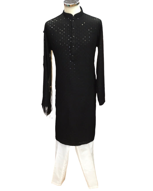 Black - Lucknowi Sequins Mens Indian Kurta set - Weddings / Walimas , Sangeet, Eid, Mehndi / Henna - YD2402 KT 0324