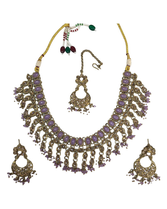 Lilac - Medium - Antique Gold Finish Necklace Set with Earrings - RAK185 Cp 0724