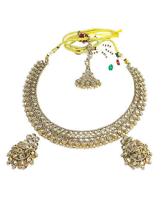 Gold / Neutral - Medium Size Antique Gold Finish Necklace Set with Earrings & Tika Head piece - SAJ03 C 0825