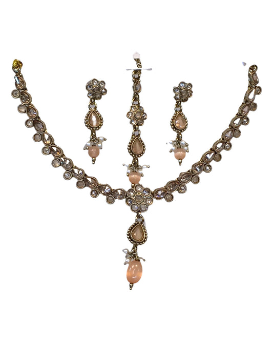 Peach - Small Size Antique Gold Finish Necklace Set with Earrings & Head Piece /Tika- SLV78 11Ap24