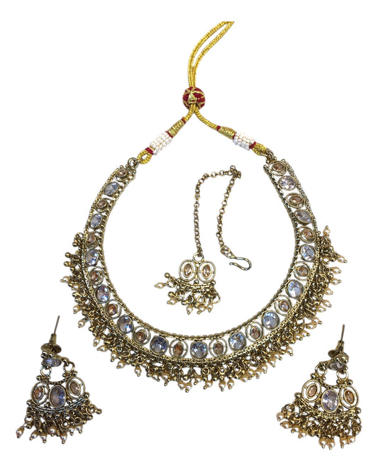 Gold / Neutral & Clear - Antique Gold Finish Necklace & Earrings Set - Bollywood - Weddings - DAJ547 11KV24