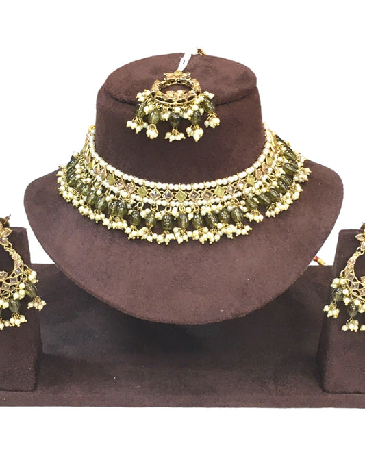 Henna Green - Large Size Antique Gold Finish Necklace Set with Earrings - JE19 C 0424