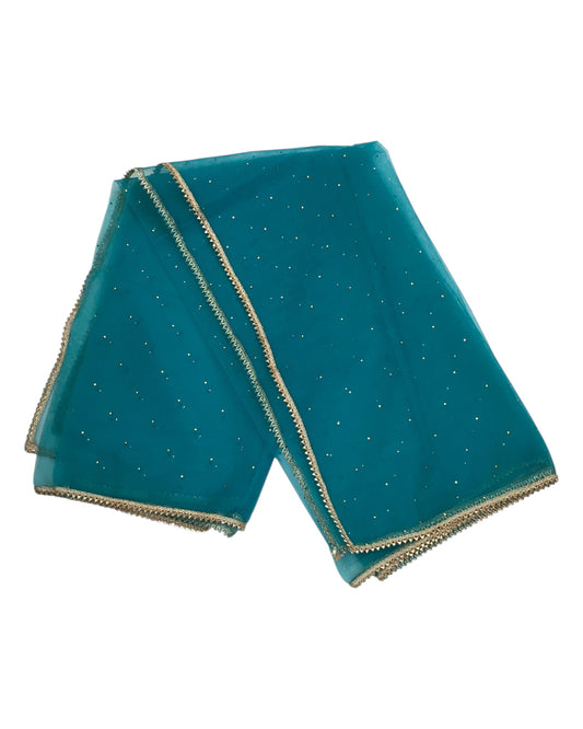 Dark Tuquoise - Ladies Net Dupatta with Gold Lace Border & Diamante - Mix N Match - VC2501 T0125