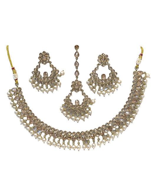 Gold / Neutral - Antique Gold Finish Necklace & Earrings Set - Bollywood - Weddings - KAJ1040 11KK24