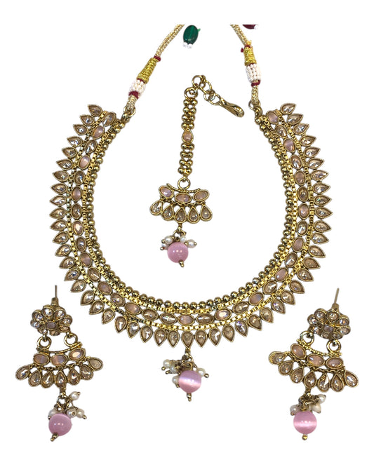 Pink - Antique Gold Finish Necklace & Earrings Set - Bollywood - Weddings - HR1015 11C24